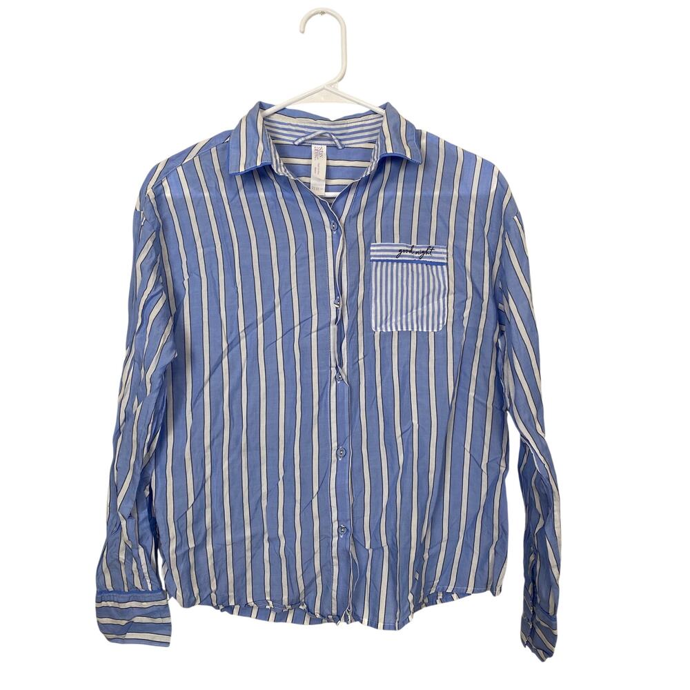 Stars Above Tencel Blue Button Front Pajama Top Shirt LS Stripes Size S